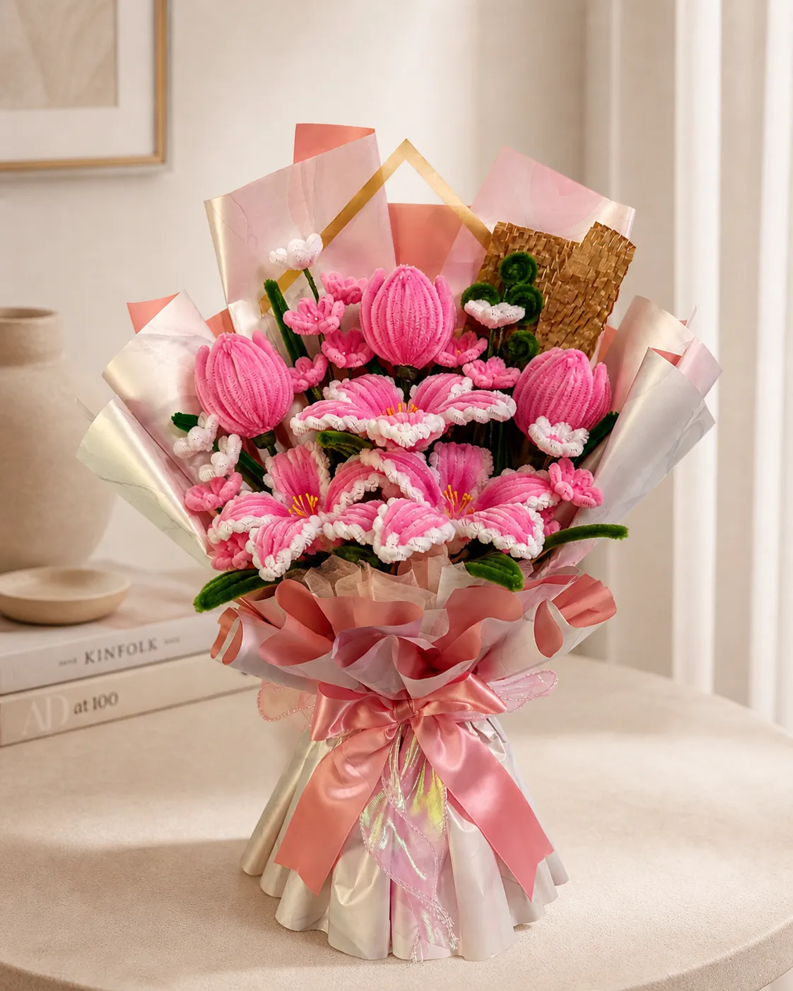 Ivory Bloom, ramo de flores eternas en tonos rosado y blanco