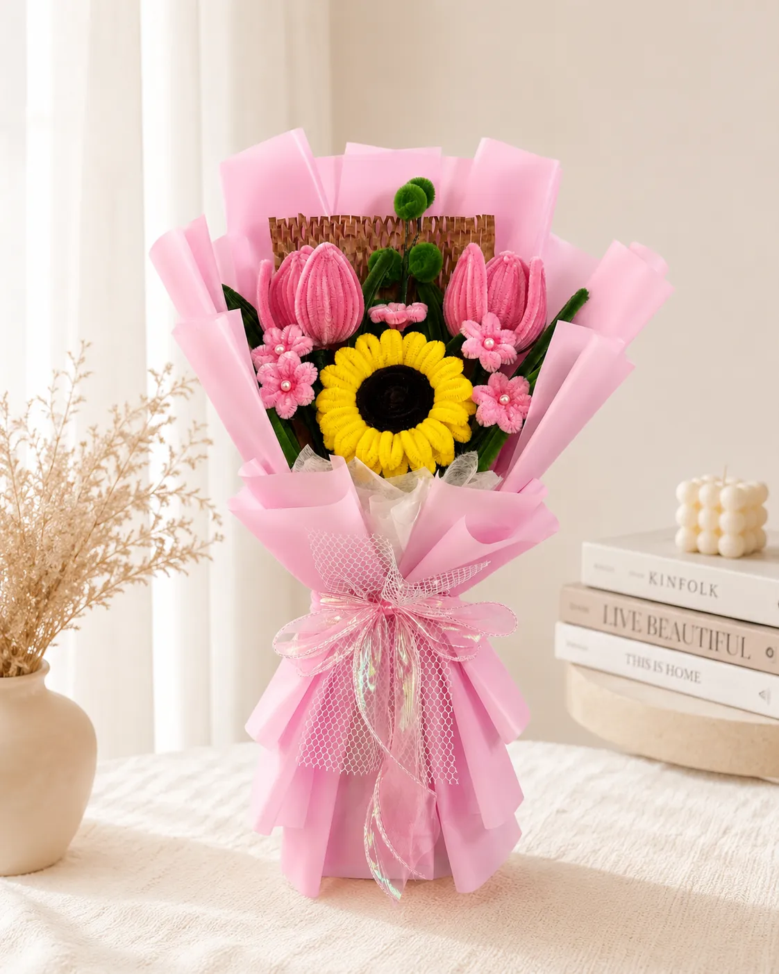 Rosé Aura, ramo de girasoles eternos en tonos rosado y amarillo