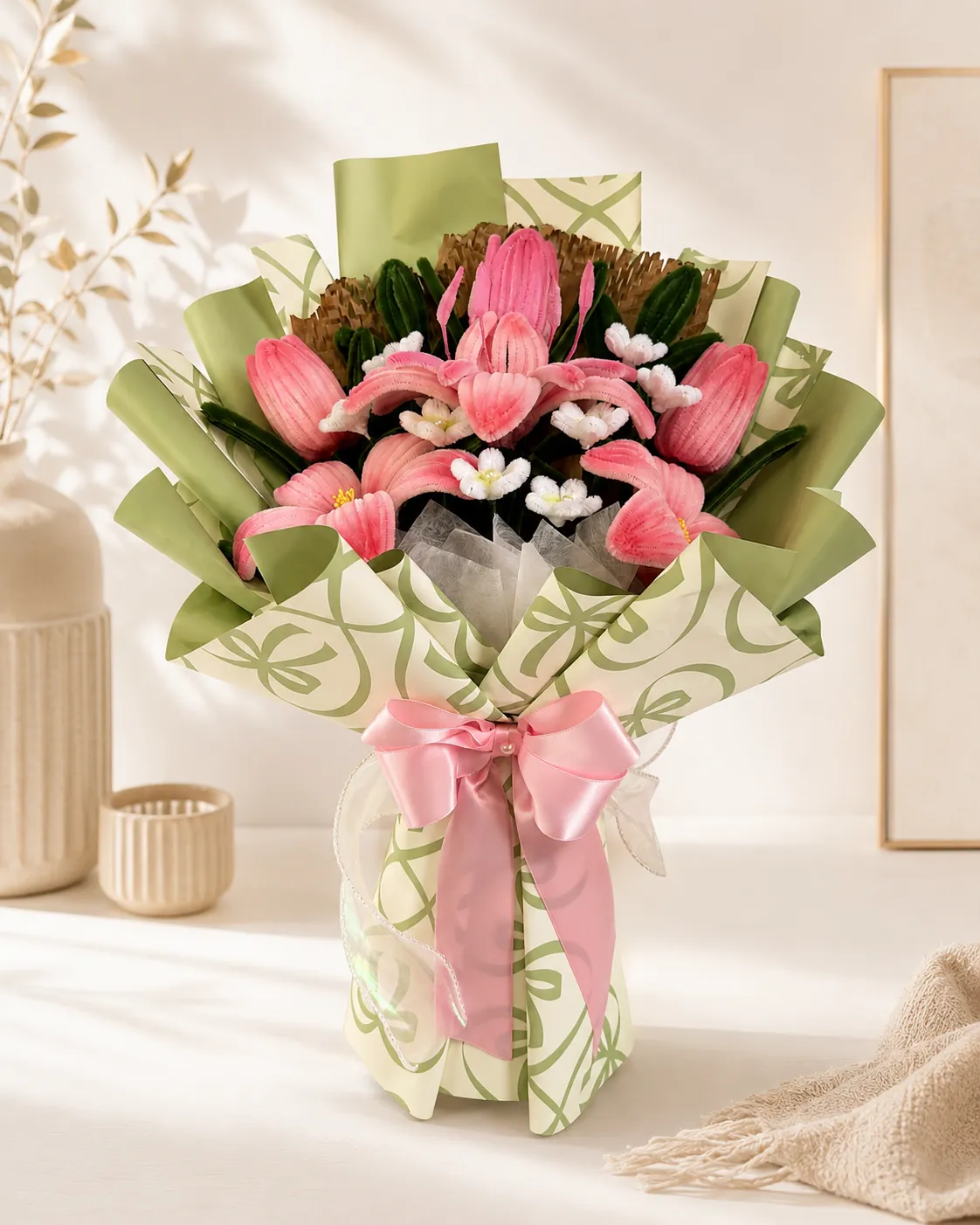 Sage Bloom, ramo de flores eternas en tonos rosado y verde